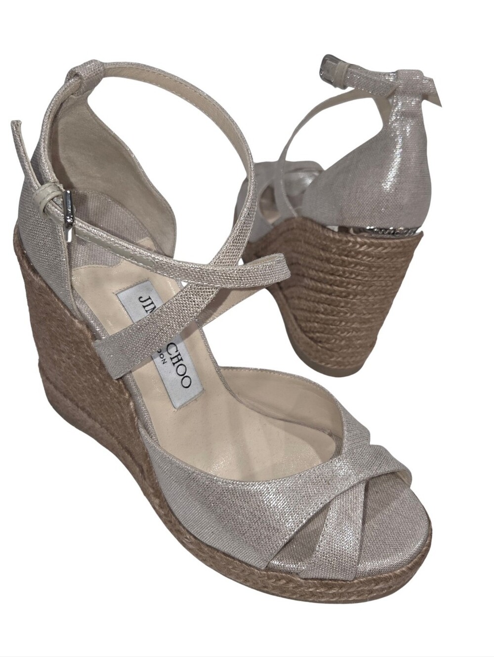 Jimmy Choo NEW 'Alanah' Platform Wedge Espadrille Ankle Strap Silver/Natual 37.5